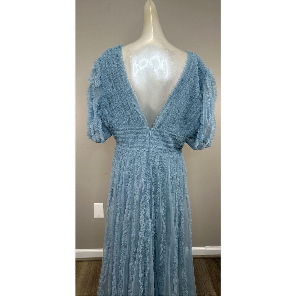 MAC DUGGAL Blue V Neck Puff Sleeve Ruffle Tiered A Line Gown Size 10 $598 - Picture 6 of 9